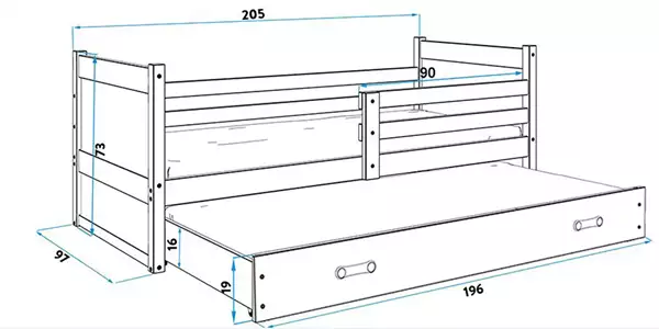 Misura del Letto per ragazzi estraibile RICO 90x200 con materasso e cassetto, pino/blu