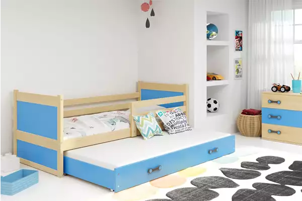 Visualizzazione per Letto per ragazzi estraibile RICO 90x200 con materasso e cassetto, pino/blu