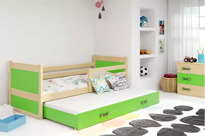 Visualizzazione per Letto per ragazzi estraibile RICO 90X200 con materasso e cassetto, pino/verde