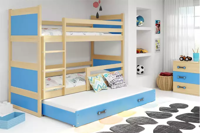 Visualizzazione per Letto per ragazzi per tre persone RICO 90X200 con materasso e cassetto, pino/blu