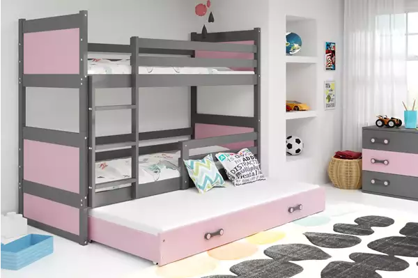 Visualizzazione per Letto per ragazzi tre posti RICO 90x190 con cassetto, grafite/rosa Visualizzazione per Letto per ragazzi tre posti RICO 90x190 con cassetto, grafite/rosa