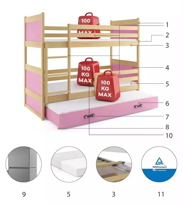 Componenti del Letto per ragazzi tre posti RICO 90x200 con cassetto, pino/rosa Componenti del Letto per ragazzi tre posti RICO 90x200 con cassetto, pino/rosa