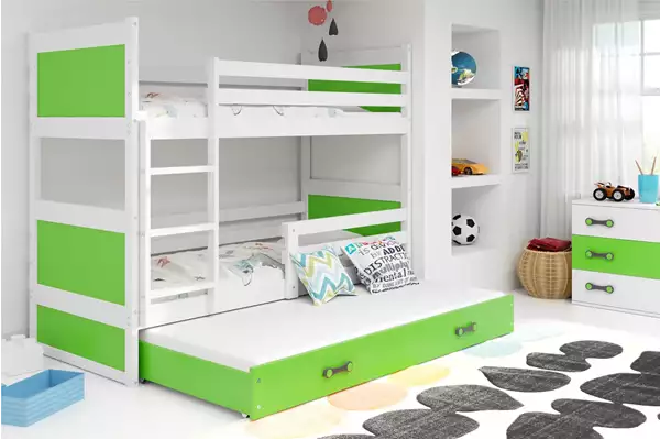 Visualizzazione per Letto per ragazzi tre posti RICO 90X200 con materasso e cassetto, bianco/verde Visualizzazione per Letto per ragazzi tre posti RICO 90X200 con materasso e cassetto, bianco/verde