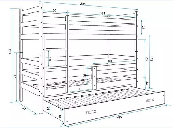 Misura del Letto per ragazzi triplo ERYK 90X200 con cassetto, bianco Misura del Letto per ragazzi triplo ERYK 90X200 con cassetto, bianco