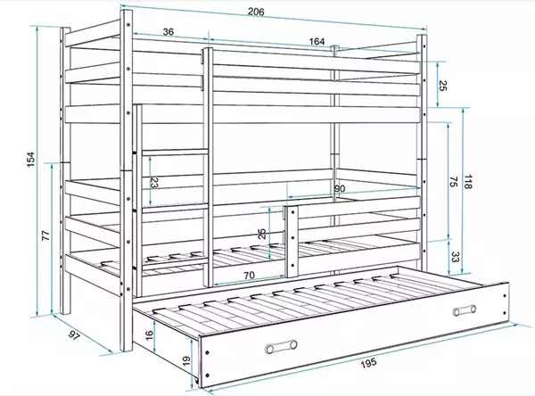 Misura del Letto per ragazzi triplo ERYK 90X200 con materasso e cassetto, bianco/verde Misura del Letto per ragazzi triplo ERYK 90X200 con materasso e cassetto, bianco/verde