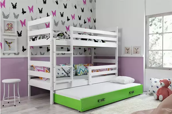 Visualizzazione per Letto per ragazzi triplo ERYK 90X200 con materasso e cassetto, bianco/verde Visualizzazione per Letto per ragazzi triplo ERYK 90X200 con materasso e cassetto, bianco/verde