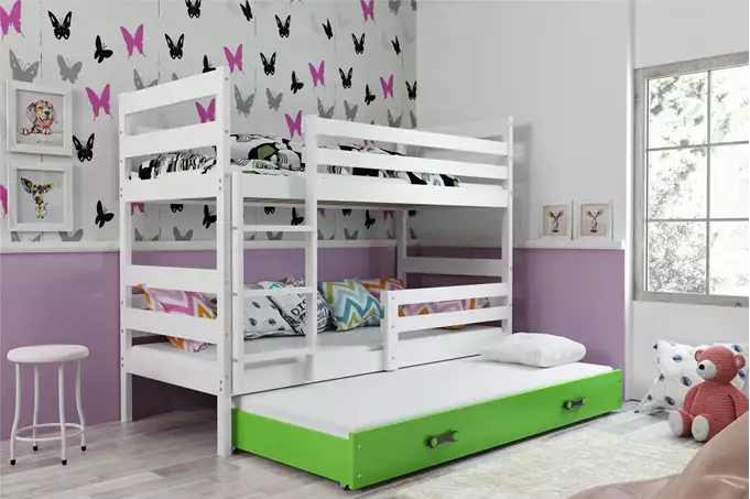 Visualizzazione per Letto per ragazzi triplo ERYK 90X200 con materasso e cassetto, bianco/verde