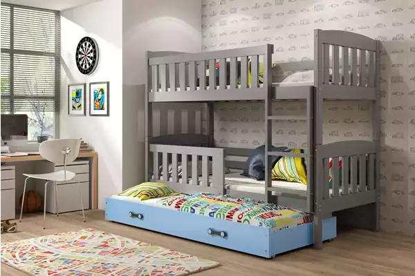 Visualizzazione per Letto per ragazzi triplo KUBUŚ 90X200 con materasso e cassetto, grafite/blu Visualizzazione per Letto per ragazzi triplo KUBUŚ 90X200 con materasso e cassetto, grafite/blu