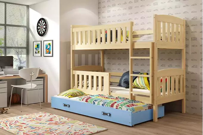 Visualizzazione per Letto per ragazzi triplo KUBUŚ 90X200 con materasso e cassetto, pino/blu