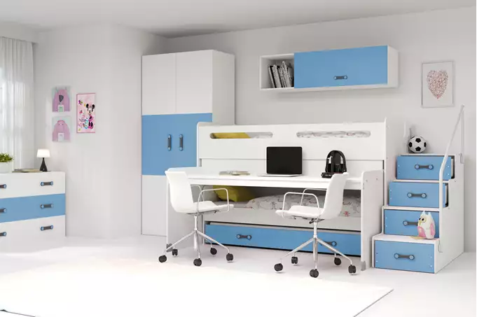 Visualizzazione per Letto per ragazzi triplo MAX 1 80X200 con materasso e scrivania, blu