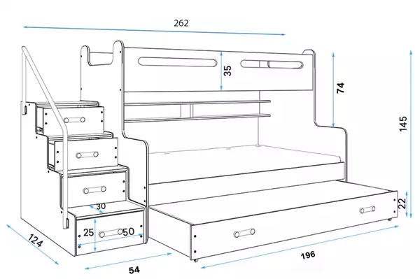 Misura del Letto per ragazzi triplo MAX 3 120x200 con cassetto, bianco Misura del Letto per ragazzi triplo MAX 3 120x200 con cassetto, bianco
