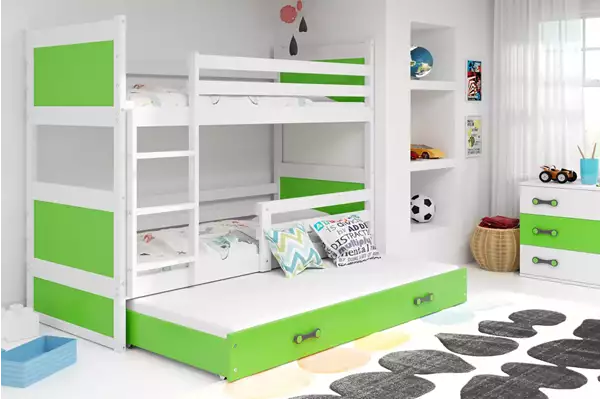 Visualizzazione per Letto per ragazzi triplo RICO 90x190 con cassetto, bianco/verde Visualizzazione per Letto per ragazzi triplo RICO 90x190 con cassetto, bianco/verde