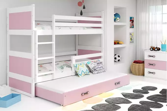 Visualizzazione per Letto per ragazzi triplo RICO 90x190 con materasso e cassetto, bianco/rosa