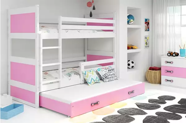 Visualizzazione per Letto per ragazzi triplo RICO 90X200 con materasso e cassetto, bianco/rosa Visualizzazione per Letto per ragazzi triplo RICO 90X200 con materasso e cassetto, bianco/rosa