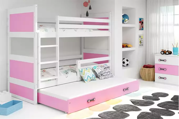 Visualizzazione per Letto per ragazzi triplo RICO 90X200 con materasso e cassetto, bianco/rosa