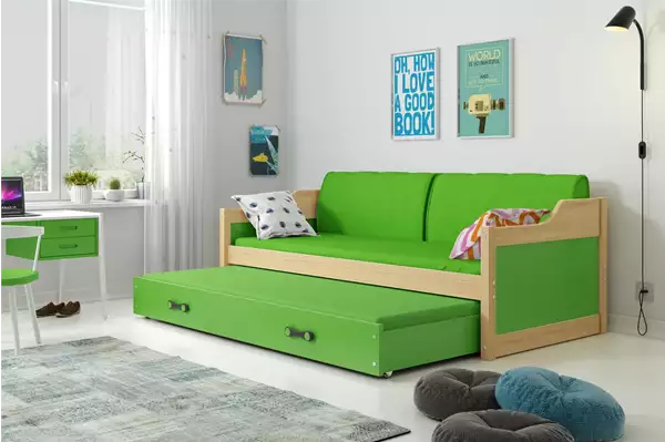 Visualizzazione per Letto singolo estraibile DAWID 90X200 con materasso e cassetto, pino/verde
