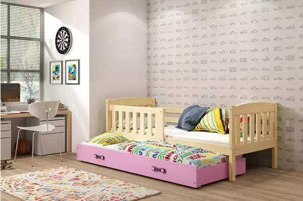 Visualizzazione per Letto singolo estraibile KUBUŚ 90X200 con cassetto, pino/rosa Visualizzazione per Letto singolo estraibile KUBUŚ 90X200 con cassetto, pino/rosa