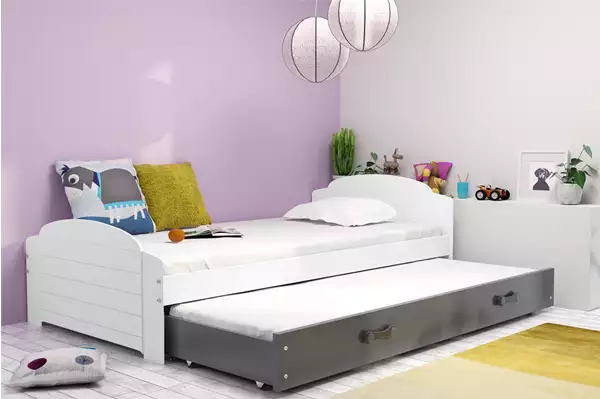 Visualizzazione per Letto singolo estraibile LILI 90x200 con materasso e cassetto, bianco/grafite Visualizzazione per Letto singolo estraibile LILI 90x200 con materasso e cassetto, bianco/grafite