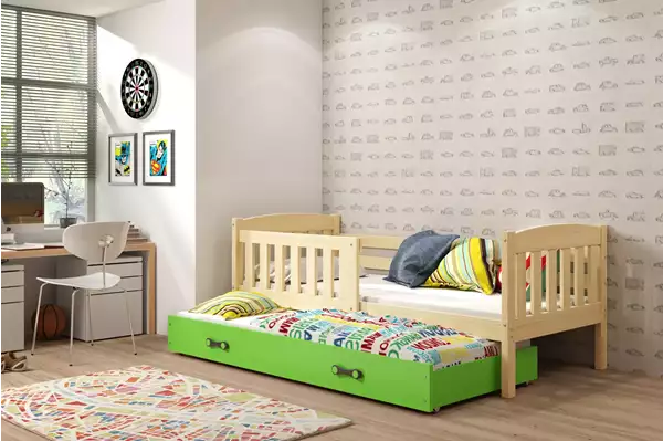 Visualizzazione per Letto singolo estraibile per ragazzi KUBUŚ 90x190 con cassetto, pino/verde