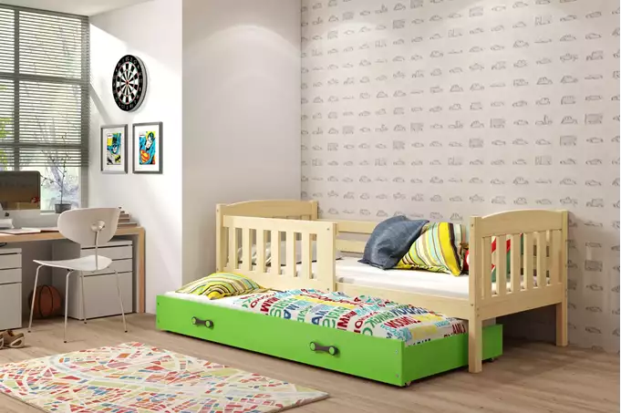 Visualizzazione per Letto singolo estraibile per ragazzi KUBUŚ 90x190 con cassetto, pino/verde