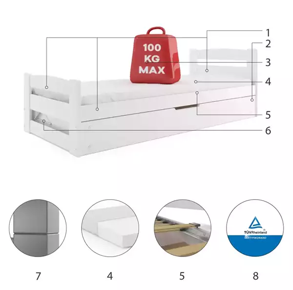 Componenti del Letto singolo per adolescenti ERNI 90X200 con materasso e contenitore, bianco Componenti del Letto singolo per adolescenti ERNI 90X200 con materasso e contenitore, bianco