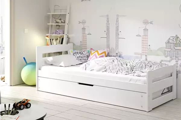 Visualizzazione per Letto singolo per adolescenti ERNI 90X200 con materasso e contenitore, bianco Visualizzazione per Letto singolo per adolescenti ERNI 90X200 con materasso e contenitore, bianco