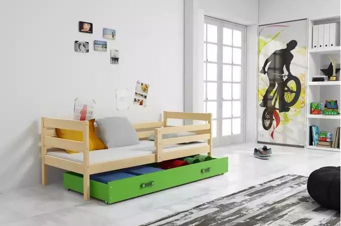 Visualizzazione per Letto singolo per adolescenti ERYK 80x190 con cassetto, pino/verde