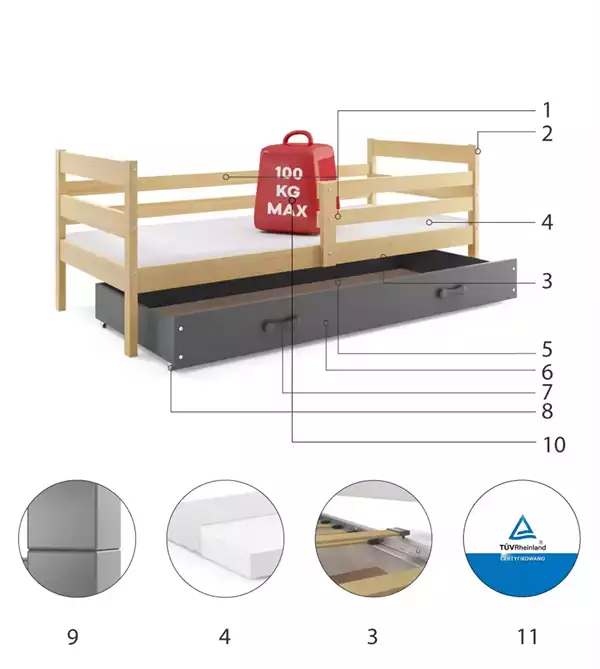 Componenti del Letto singolo per adolescenti ERYK 90X200 con materasso e cassetto, pino/grafite Componenti del Letto singolo per adolescenti ERYK 90X200 con materasso e cassetto, pino/grafite