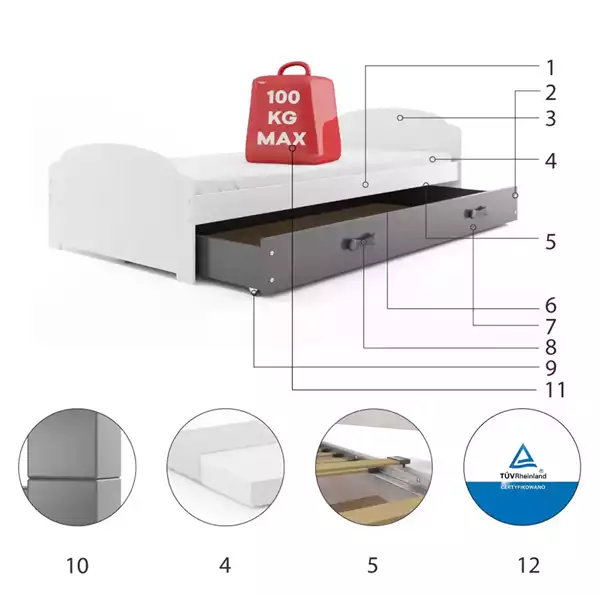 Componenti del Letto singolo per adolescenti LILI 90x200 con cassetto, bianco/grafite Componenti del Letto singolo per adolescenti LILI 90x200 con cassetto, bianco/grafite