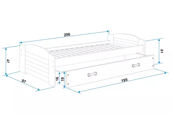 Misura del Letto singolo per adolescenti LILI 90x200 con cassetto, bianco/grafite Misura del Letto singolo per adolescenti LILI 90x200 con cassetto, bianco/grafite