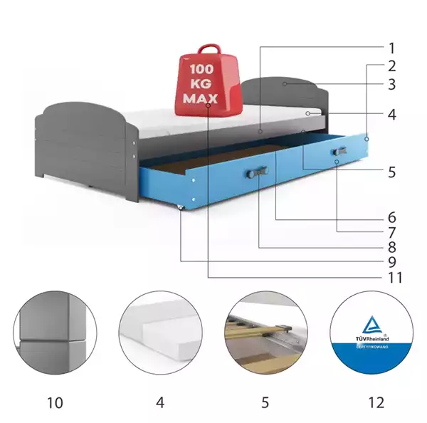 Componenti del Letto singolo per adolescenti LILI 90x200 con materasso e cassetto, grafite/blu Componenti del Letto singolo per adolescenti LILI 90x200 con materasso e cassetto, grafite/blu