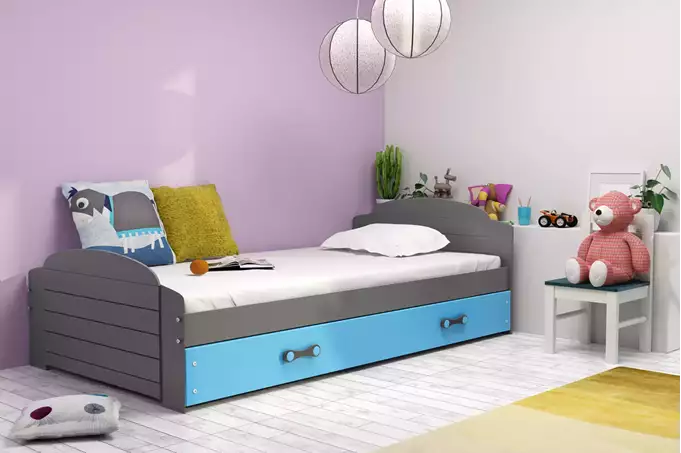 Visualizzazione per Letto singolo per adolescenti LILI 90x200 con materasso e cassetto, grafite/blu