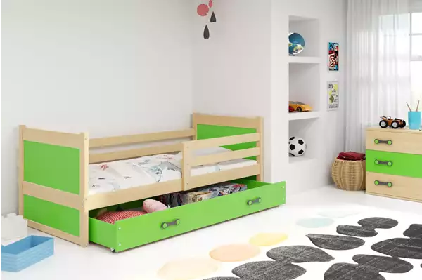 Visualizzazione per Letto singolo per adolescenti RICO 90x200 con cassetto, pino/verde Visualizzazione per Letto singolo per adolescenti RICO 90x200 con cassetto, pino/verde