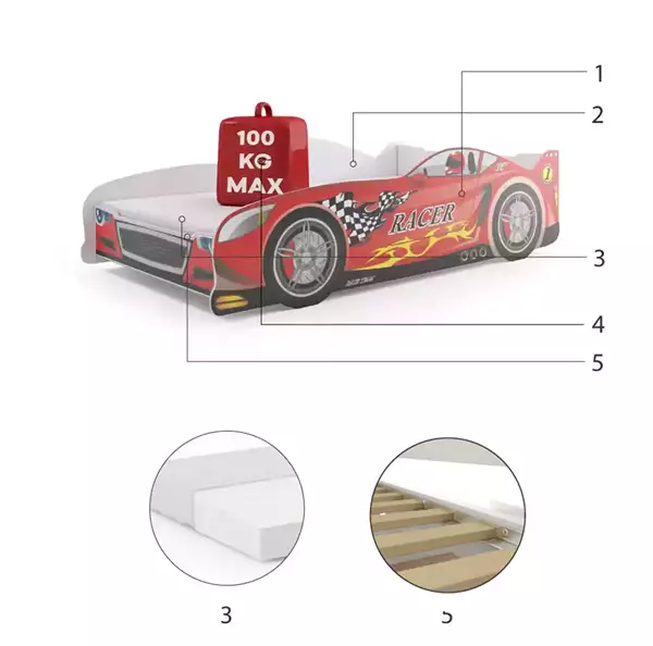 Letto singolo per bambini Cars 80X160 con materasso, rosso| Interbeds Czesci Skladowe Letto singolo per bambini Cars 80X160 con materasso, rosso Czesci Skladowe
