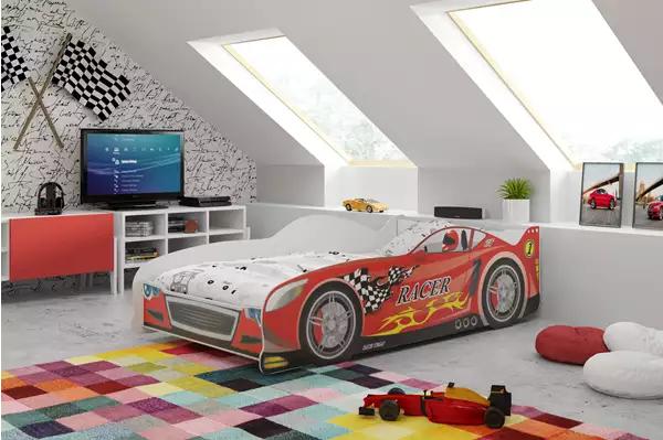 Letto singolo per bambini Cars 80X160, rosso| Interbeds Wizualizacja Letto singolo per bambini Cars 80X160, rosso Wizualizacja