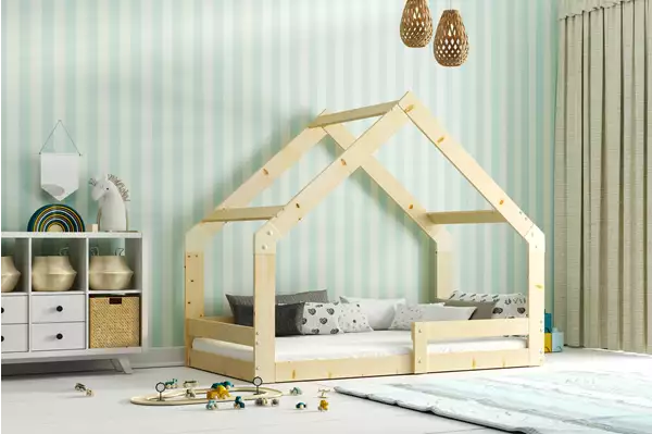 Letto singolo per bambini CASA 80x160, legno naturale | Interbeds Wizualizacja Letto singolo per bambini CASA 80x160, legno naturale| Interbeds Wizualizacja