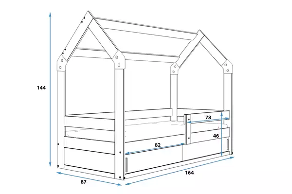 Misura del Letto singolo per bambini CASETTA 80X160 con materasso e contenitore, pino Misura del Letto singolo per bambini CASETTA 80X160 con materasso e contenitore, pino