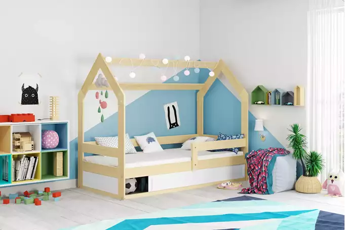 Visualizzazione per Letto singolo per bambini CASETTA 80X160 con materasso e contenitore, pino