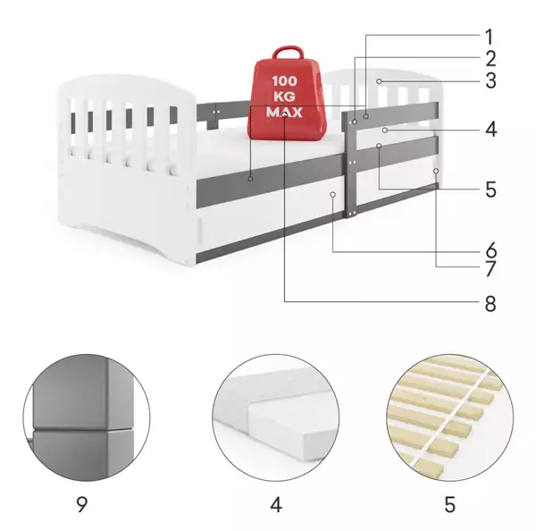 Componenti del Letto singolo per bambini CLASSIC 80x160 con materasso e contenitore, grafite Componenti del Letto singolo per bambini CLASSIC 80x160 con materasso e contenitore, grafite