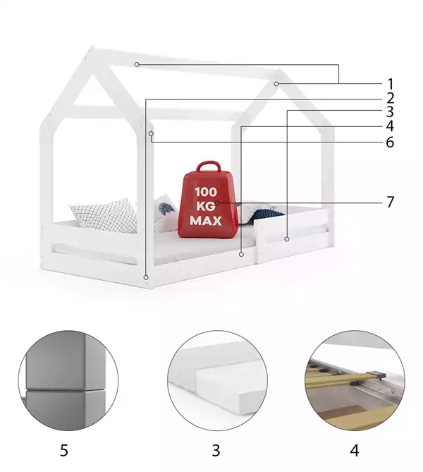 Componenti del Letto singolo per bambini DOMEK 1 80x160 con materasso, bianco Componenti del Letto singolo per bambini DOMEK 1 80x160 con materasso, bianco