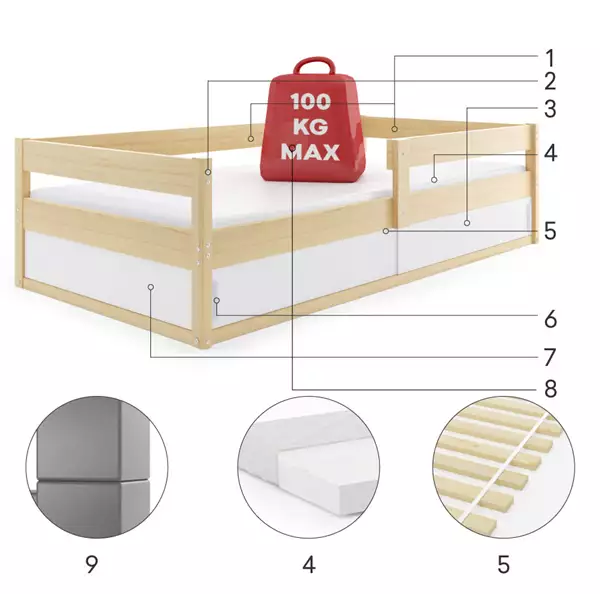 Componenti del Letto singolo per bambini HUGO 80X160 con contenitore, pino Componenti del Letto singolo per bambini HUGO 80X160 con contenitore, pino