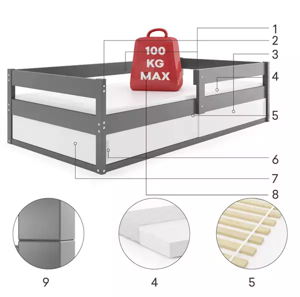 Componenti del Letto singolo per bambini HUGO 80X160 con materasso e contenitore, grafite Componenti del Letto singolo per bambini HUGO 80X160 con materasso e contenitore, grafite