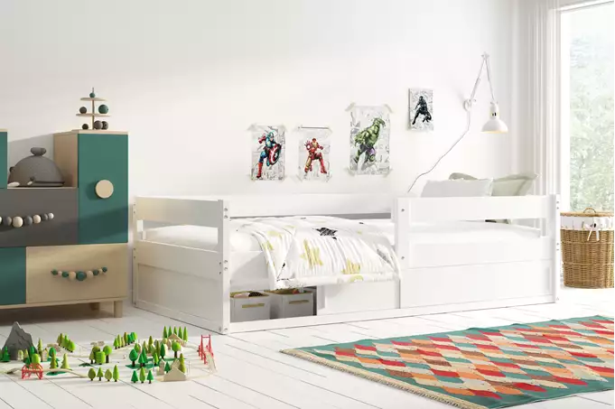 Visualizzazione per Letto singolo per bambini HUGO 80x160 con materasso e vano portaoggetti, bianco