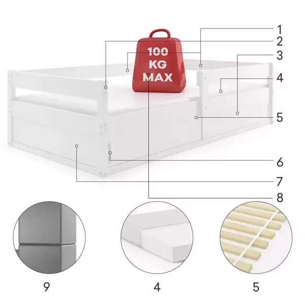 Componenti del Letto singolo per bambini HUGO 80x160 con vano contenitore, bianco Componenti del Letto singolo per bambini HUGO 80x160 con vano contenitore, bianco