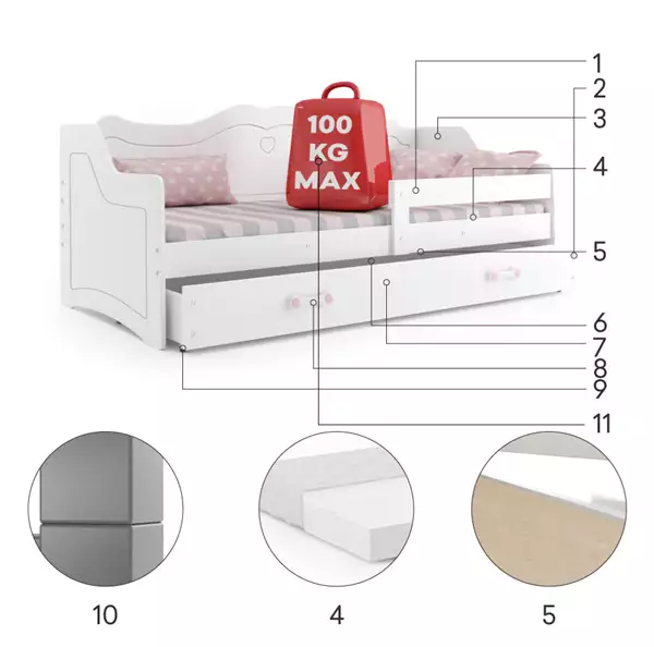 Części składowe produktu Letto singolo per bambini Julia 80x160 con cassetto, bianco Części składowe produktu Letto singolo per bambini Julia 80x160 con cassetto, bianco-2