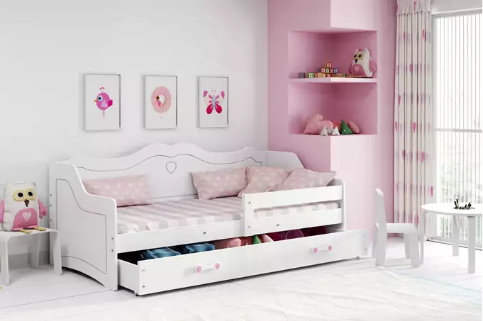 Letto singolo per bambini Julia 80x160 con materasso e cassetto, bianco-wizualizacja-3
