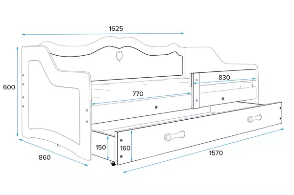Letto singolo per bambini Julia 80x160 con materasso e cassetto, bianco-wymiar-2 Letto singolo per bambini Julia 80x160 con materasso e cassetto, bianco-wymiar-3