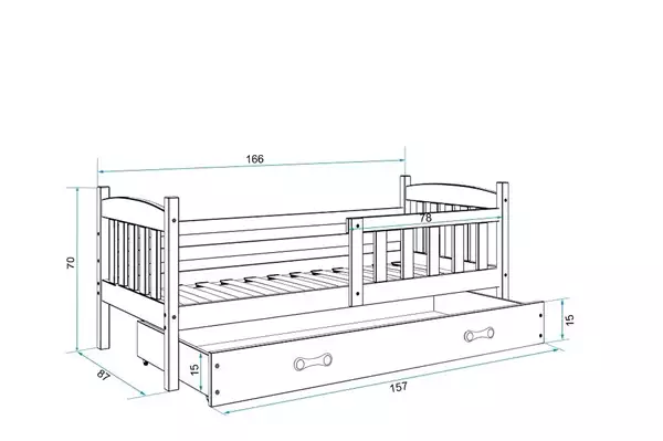 Misura del Letto singolo per bambini KUBUŚ 80x160 con cassetto, bianco Misura del Letto singolo per bambini KUBUŚ 80x160 con cassetto, bianco