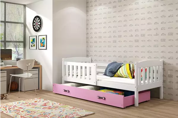 Visualizzazione per Letto singolo per bambini KUBUŚ 80x160 con cassetto, bianco/rosa Visualizzazione per Letto singolo per bambini KUBUŚ 80x160 con cassetto, bianco/rosa