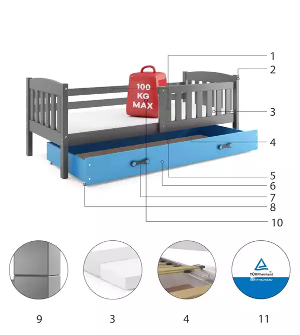 Componenti del Letto singolo per bambini KUBUŚ 80x160 con cassetto, grafite/blu